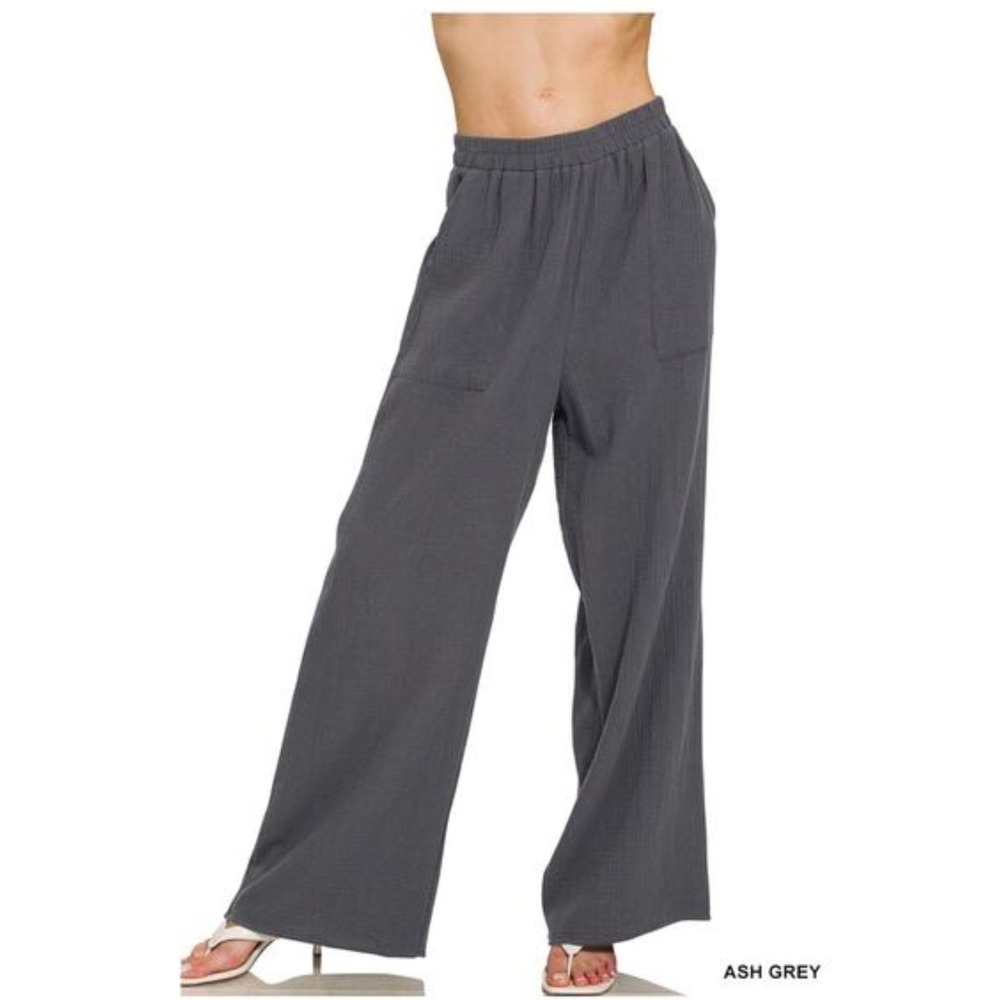 Zenana Double Gauze Elastic Band Pants Ash Grey Cotton Wide Leg Medium NEW